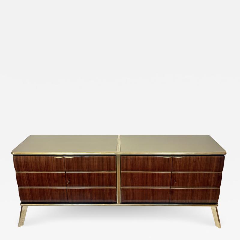 Mid Century Modern Italian Wood Brass Sideboard w Gold Opaline Glass Top