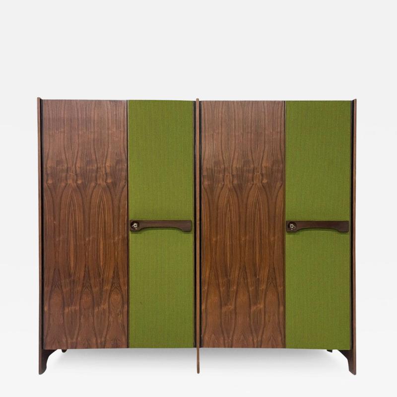 Mid Century Modern Italian Wooden Wardrobe Wood and Green Fabric 1960s