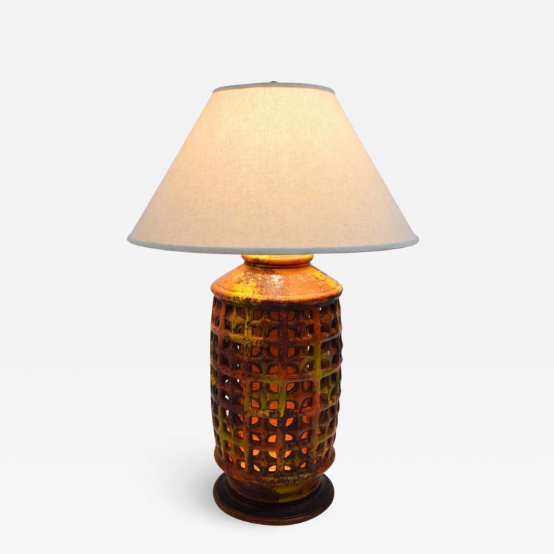 Mid Century Modern Large Pierced Ceramic Lamp in Ochre Paprika and Caramels