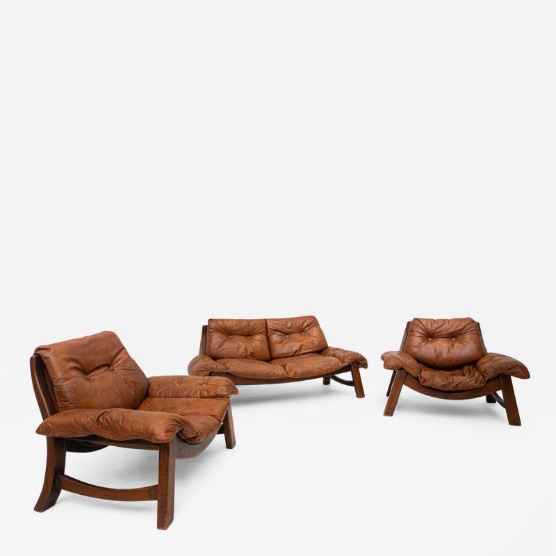 Mid Century Modern Living Room Set in Cognac Leather