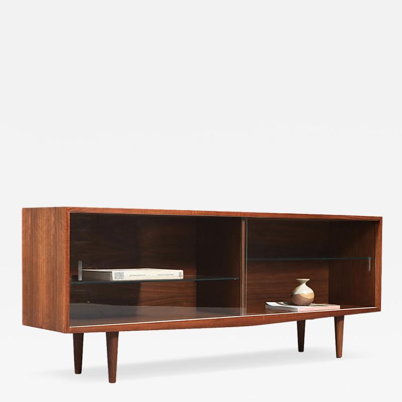 Mid Century Modern Low Walnut Glass Bookcase Credenza