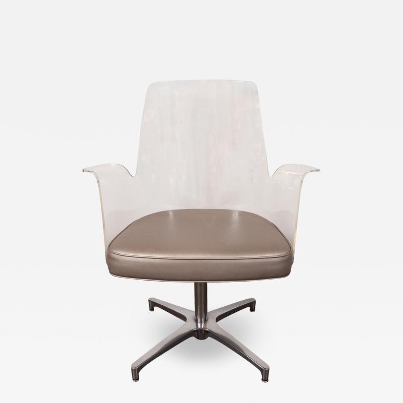 Mid Century Modern Lucite Metallic Leather and Chrome X Form Side Chair