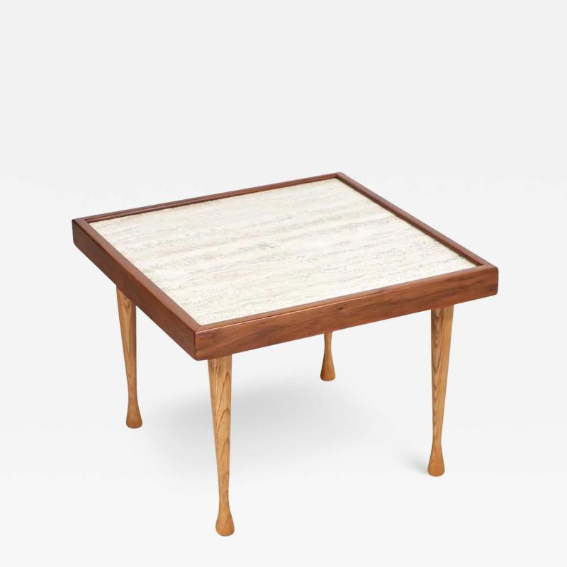 Mid Century Modern Oak Walnut Side Table with Travertine Stone