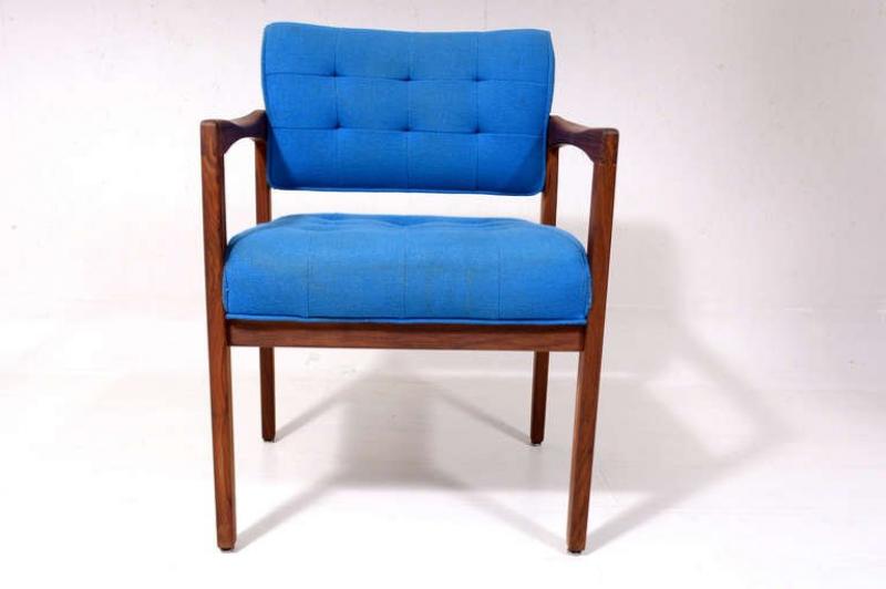 1950s Style Gerald McCabe Side Armchair Sculptural Walnut Wood Blue Tufted