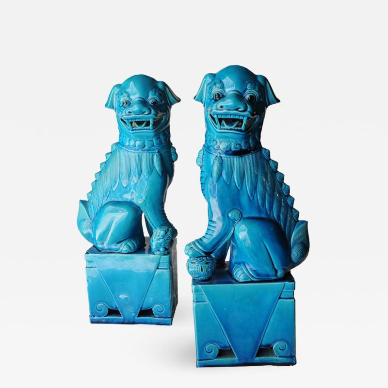 Mid Century Modern Pair Of Blue Glazed Porcelain Oriental Foo Dogs 50s