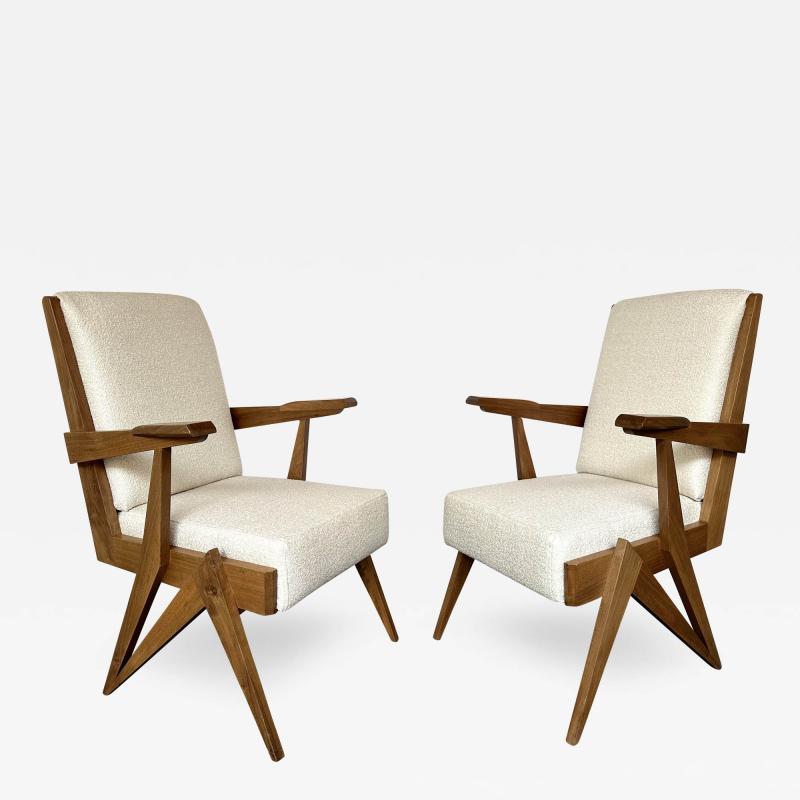 Mid Century Modern Pair of Compass Wood Armchairs Italy 1960s