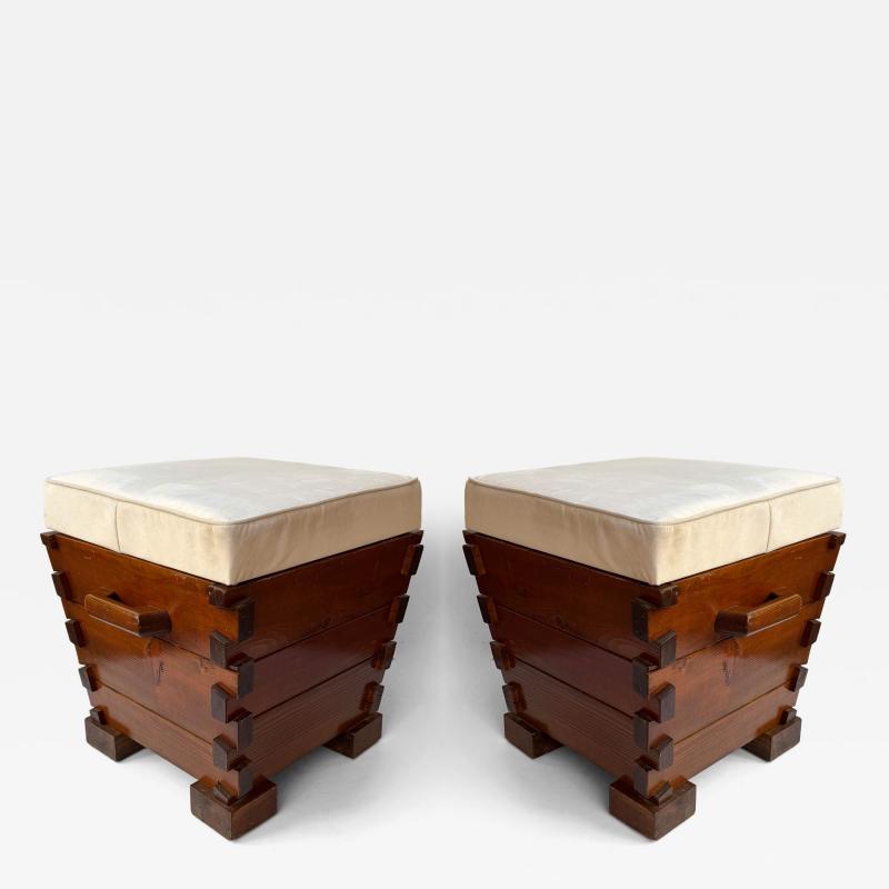 Mid Century Modern Pair of Handle Stools Wood Italy 1970s