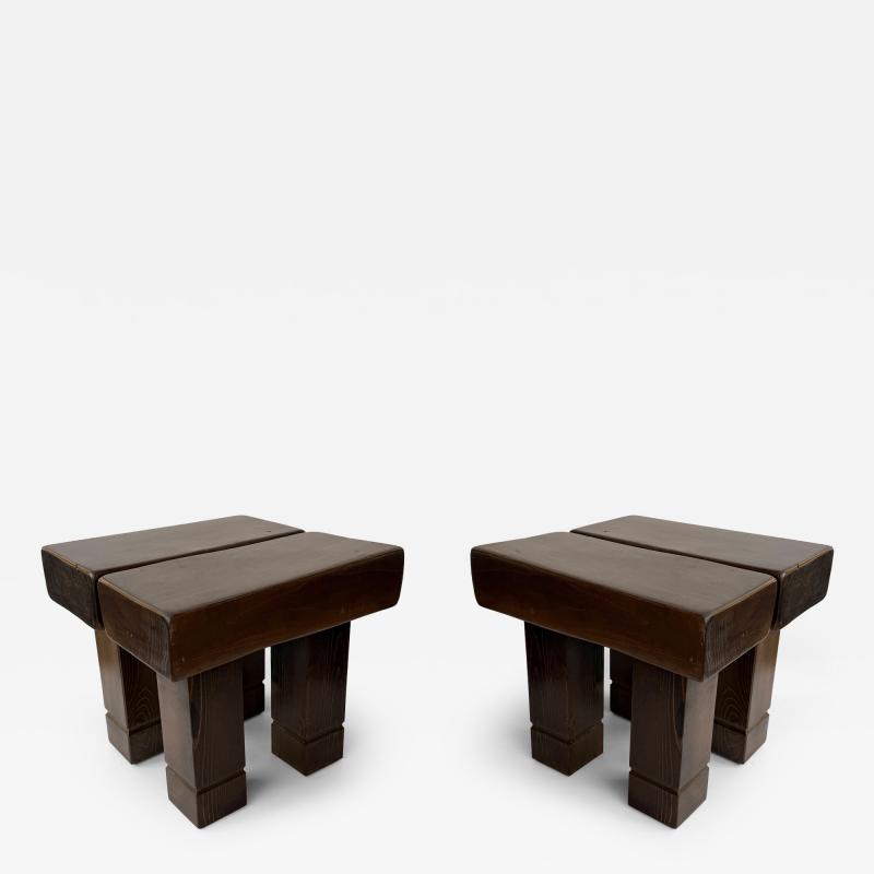 Mid Century Modern Pair of Massive Wood Stools Italy 1960s