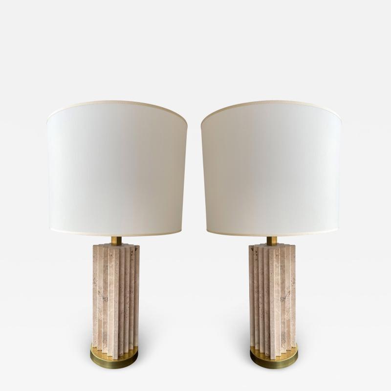 Mid Century Modern Pair of Travertine and Brass Lamps