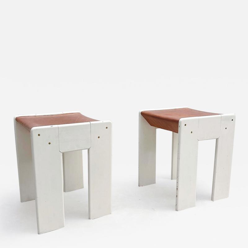 Mid Century Modern Pair of White Brown Stools