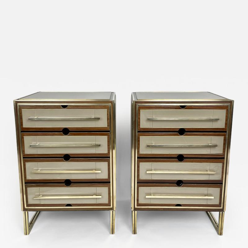 Mid Century Modern Pair of Wood Brass Beige Opaline Glass Night Stands