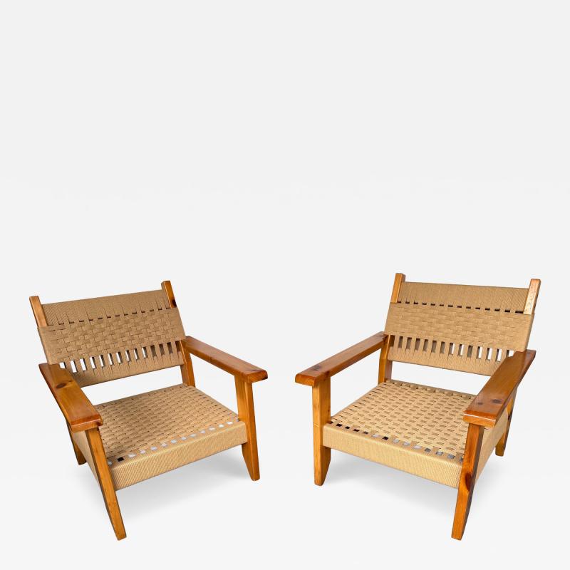 Mid Century Modern Pair of Wood and Rope Armchairs Italy 1970s