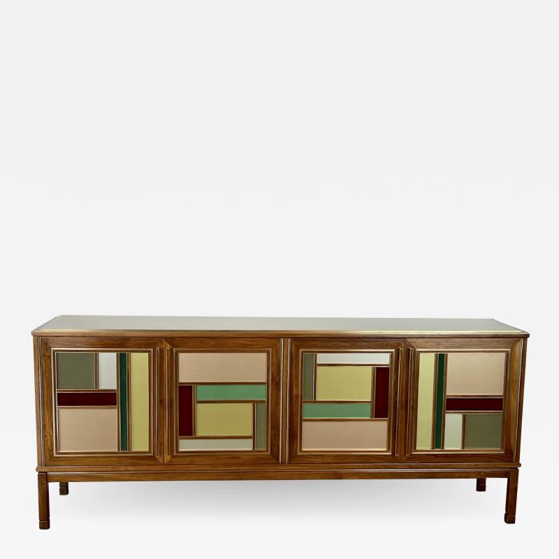 Mid Century Modern Palisander Wood Multi Color Opaline Glass Brass Credenza