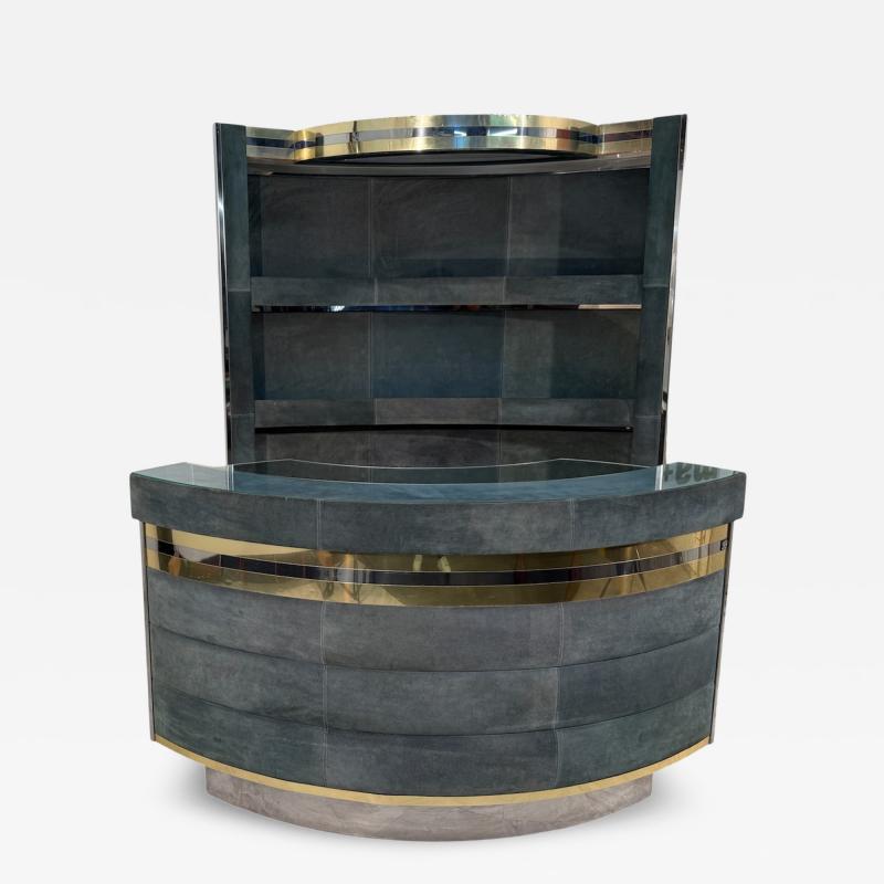 Mid Century Modern Paolo Buffa Style Bar Cabinet in Blue Suede Brass Chrome