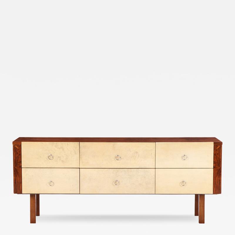 Mid Century Modern Parchment and Rosewood Dresser Sideboard c 1950