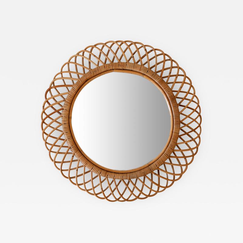 Mid Century Modern Rattan Bamboo Circular Wall Mirror Italy 1960s