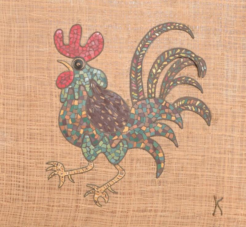 Mid Century Modern Rooster Mosaic Wall Art Mixed Media Bronze Tiles by K