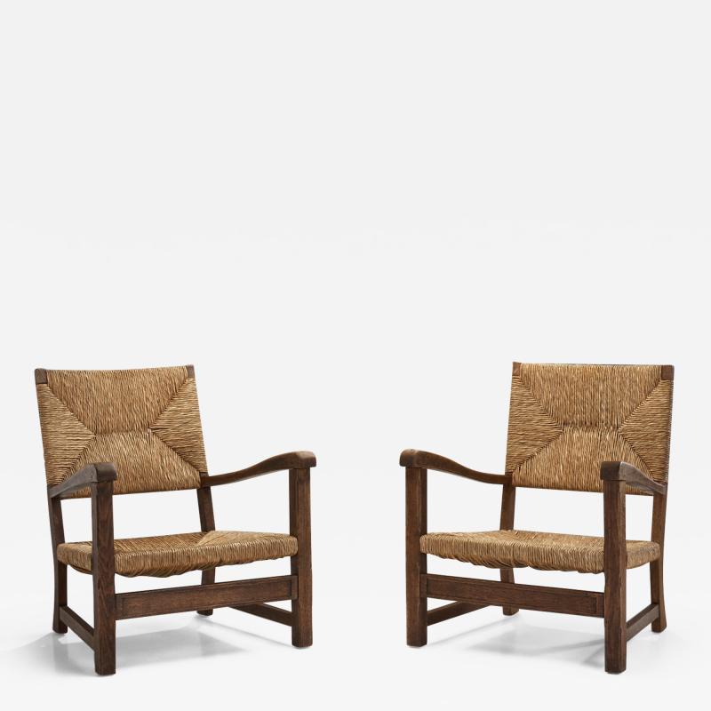 Mid Century Modern Rustic Chairs with Woven Straw Seat and Back Europe ca 1950s