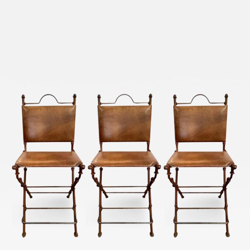 Mid Century Modern Rustic Leather and wrought iron Bar Counter Stool Set of 3