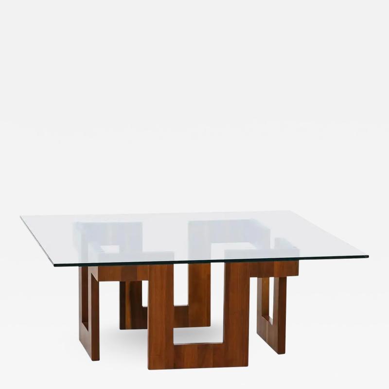 Mid Century Modern Sculpted Geometric Walnut Coffee Table with Glass Top
