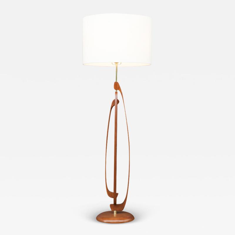 Mid Century Modern Sculpted Walnut Brass Floor Lamp