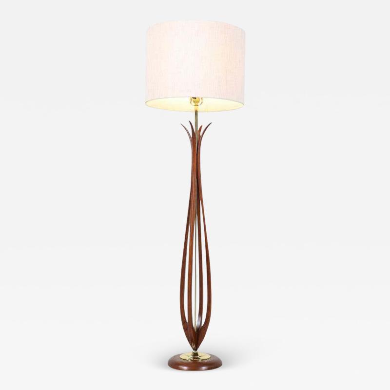 Mid Century Modern Sculpted Walnut Floor Lamp with Brass Accents