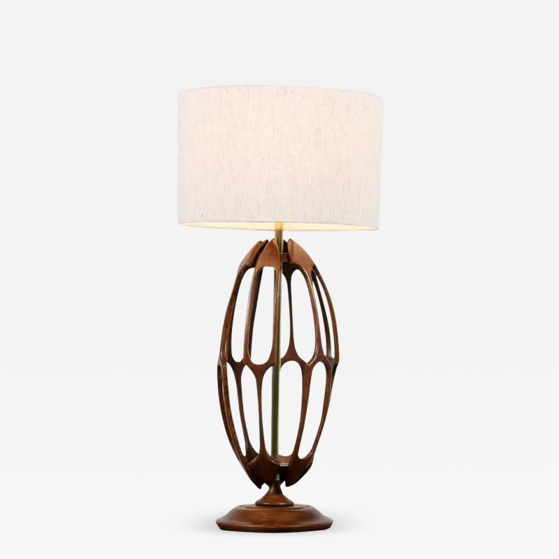 Mid Century Modern Sculpted Walnut with Brass Accent Table Lamp