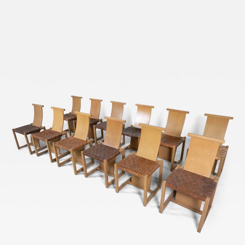 Mid Century Modern Set of 12 Wood and Leather Chairs Italy 1950s