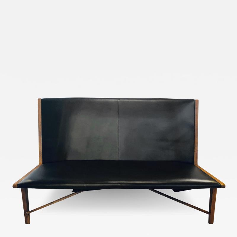 Mid Century Modern Settee or Loveseat in Black Vinyl