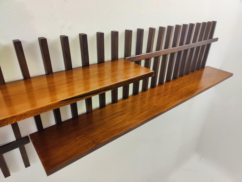 Mid Century Modern Slatted Wooden Suspended Shelf