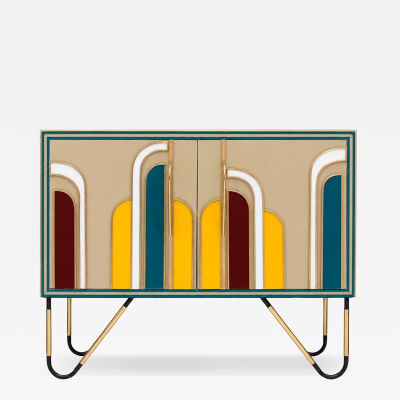 Mid Century Modern Solid Wood and Colored Glass Italian Sideboar