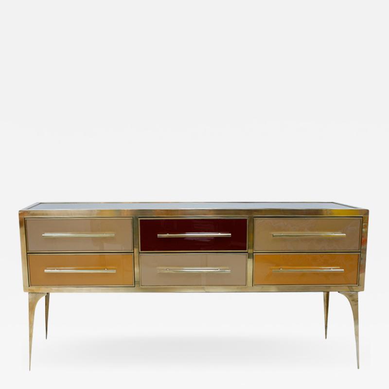 Mid Century Modern Solid Wood and Colored Glass Italian Sideboard