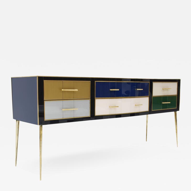 Mid Century Modern Solid Wood and Colored Glass Italian Sideboard