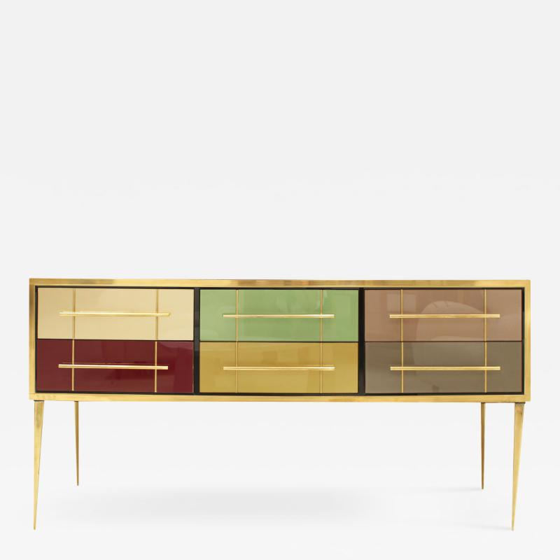 Mid Century Modern Solid Wood and Colored Glass Italian Sideboard