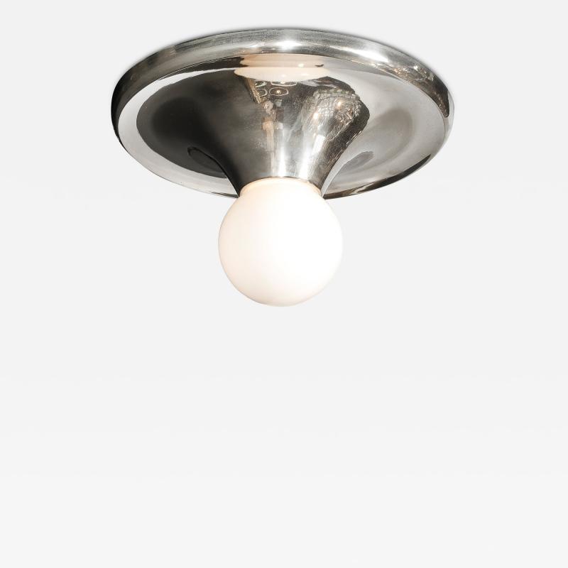 Mid Century Modern Spherical Chrome Flush Mount with Milk Glass Globe
