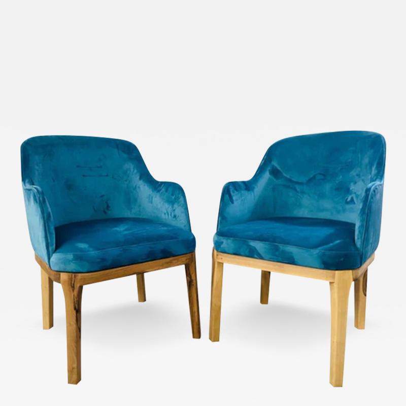 Mid Century Modern Style Blue Velvet Walnut Frame Barrel Chair a Pair