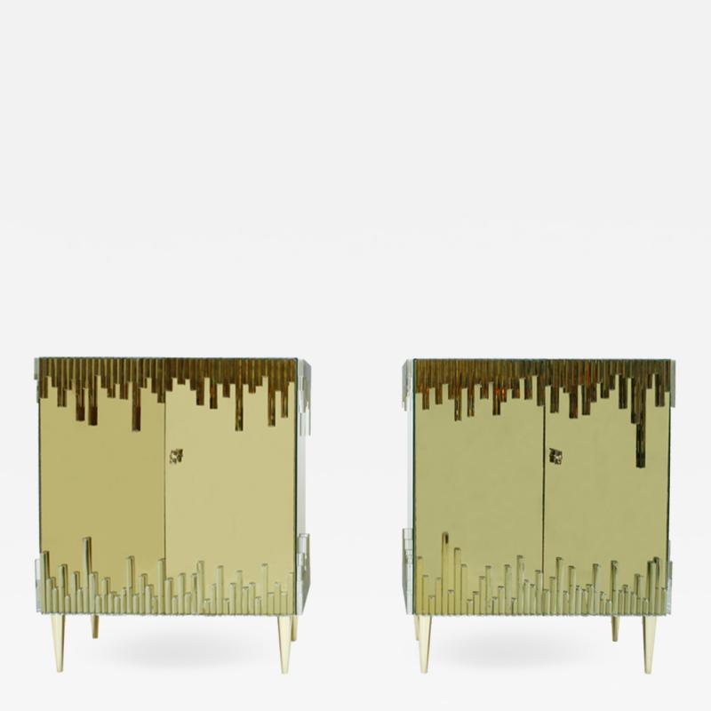 Mid Century Modern Style Glass and Golden Mirror Pair of Italian Sideboards