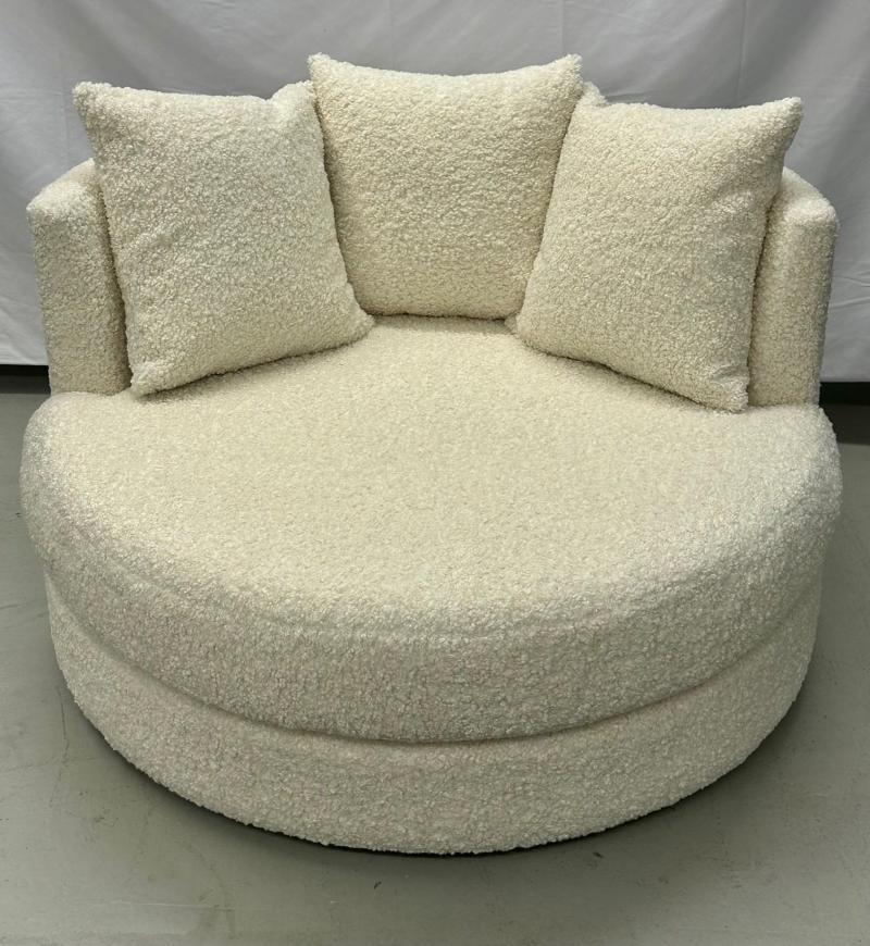 Mid-Century Modern Style Oversized White Boucle Swivel / Lounge Chair