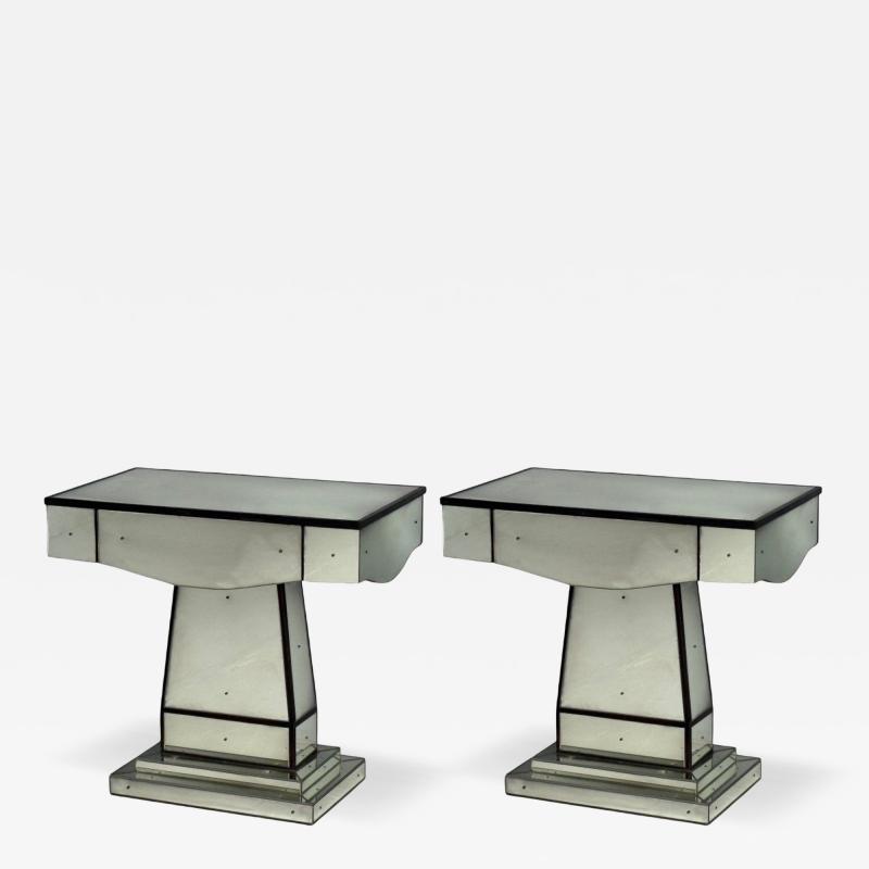 Mid Century Modern Style Painted Wood Distressed Glass Mirrored Nightstands