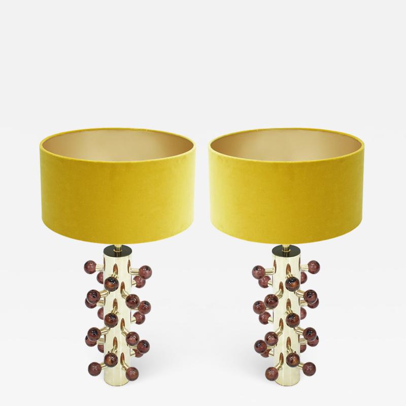 Mid Century Modern Style Pair of Brass and Murano Glass Italian Table Lamps