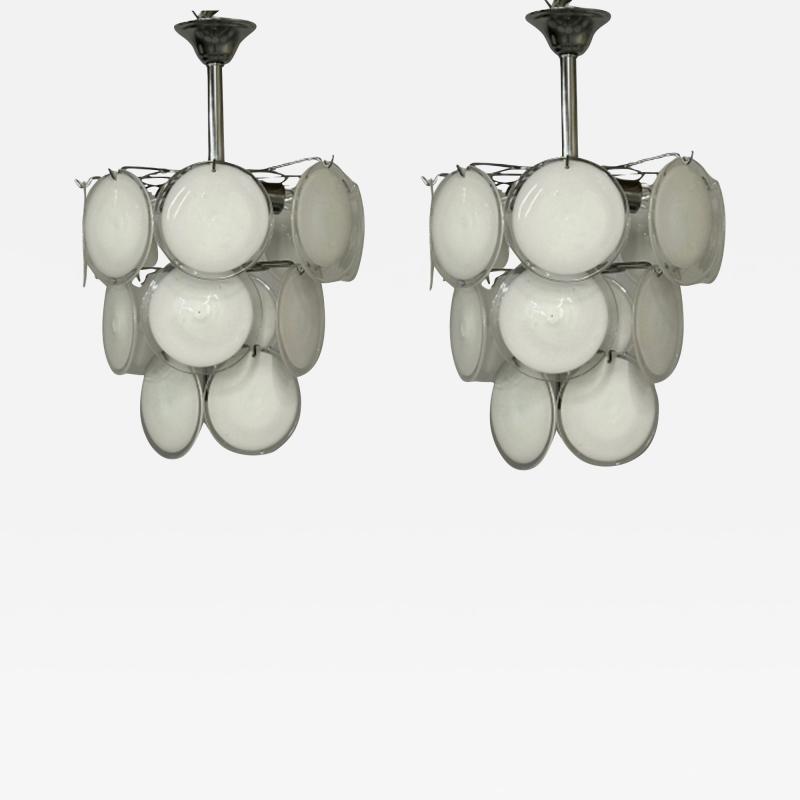 Mid Century Modern Style Small White Murano Glass Disk Chandeliers Pendants