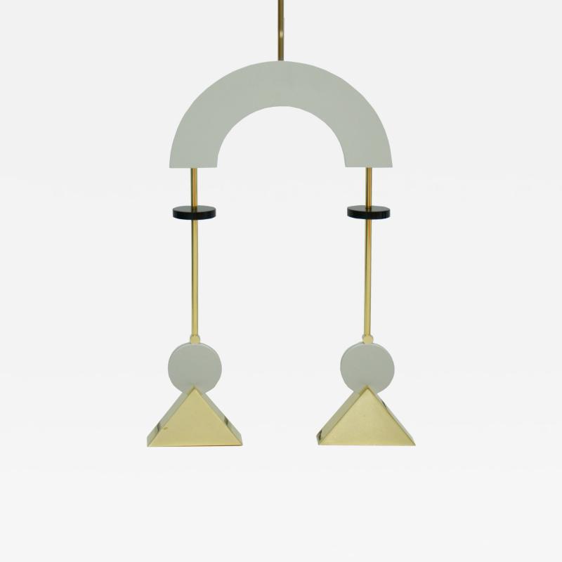 Mid Century Modern Style White Lacquered Wood and Bronze Pendant Lamp