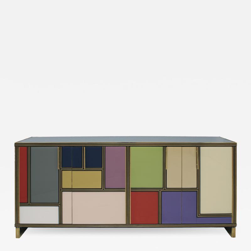 Mid Century Modern Style Wood Colored Glass and Brass Italian Sideboard