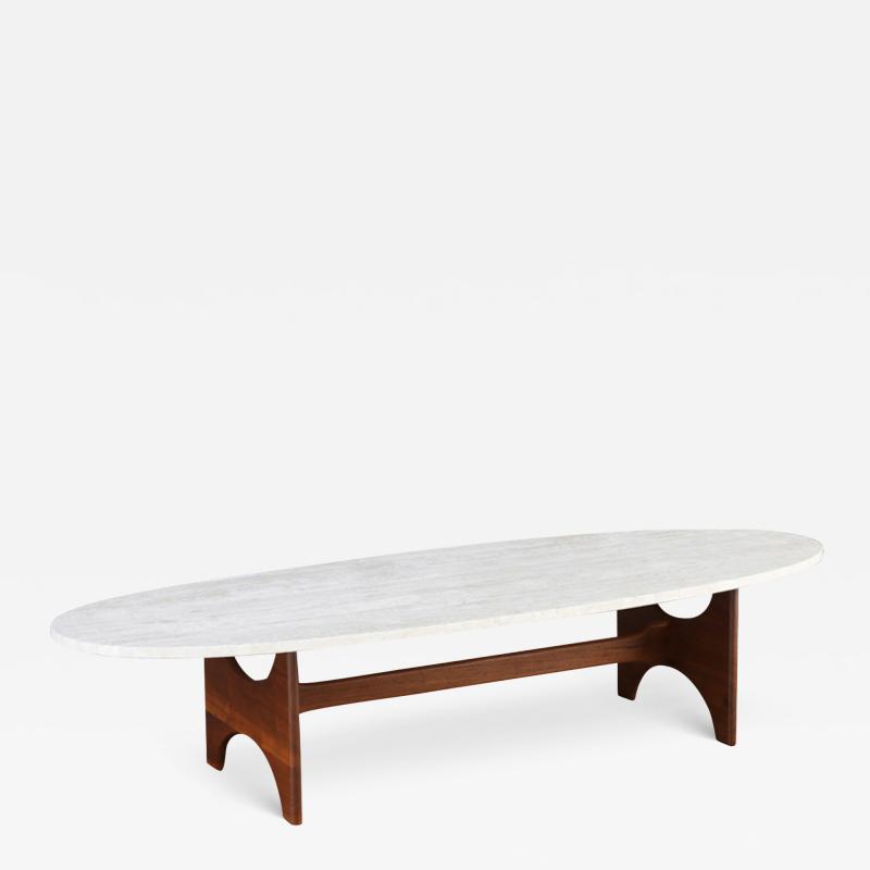 Mid Century Modern Surfboard Coffee Table with Travertine Stone Top