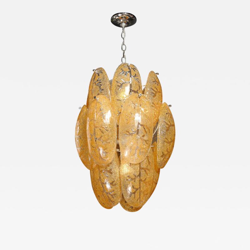 Mid Century Modern Three Tier Leaf Form Chandelier in Crushed Gold Murano Glass