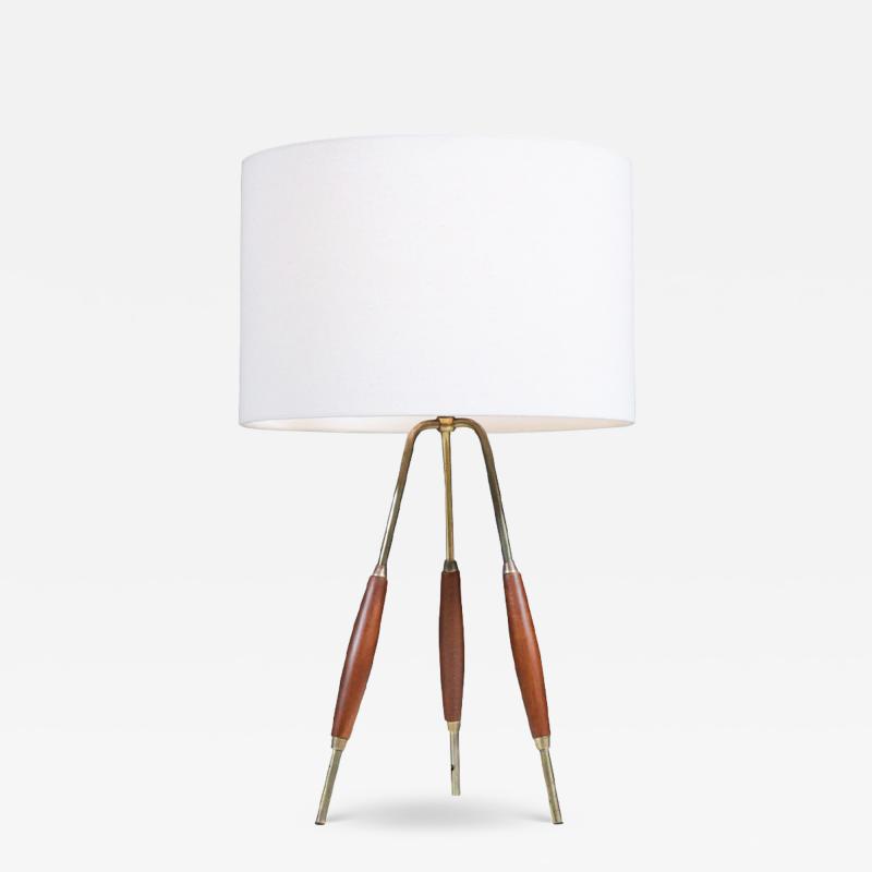Mid Century Modern Tripod Brass Walnut Table Lamp