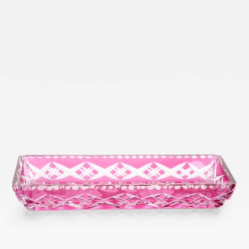 Mid Century Modern Val Saint Lambert Pink Crystal Cut and Etched Vanity Tray