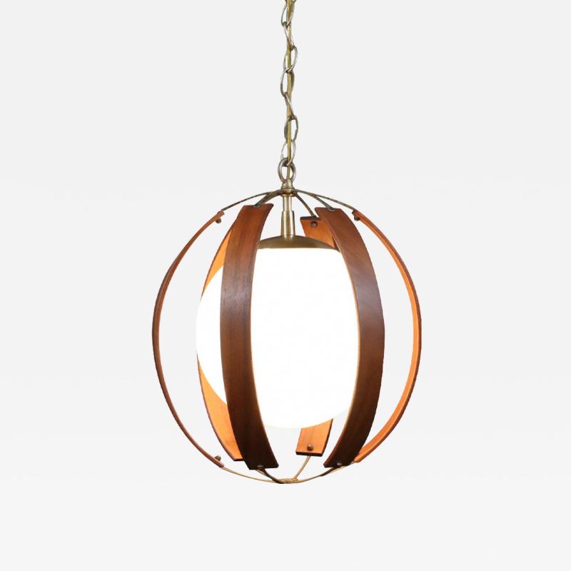 Mid Century Modern Walnut Brass Orb Pendant Chandelier
