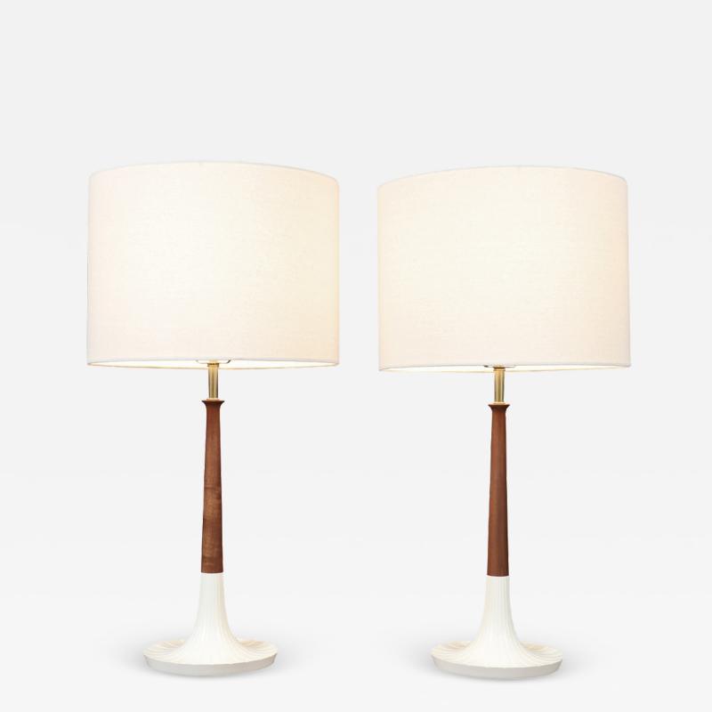 Mid Century Modern Walnut Table Lamps w Sculptural Metal Bases