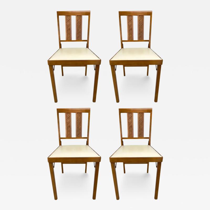 Mid Century Modern White Faux Leather and Carved Walnut Folding Chair Set of 4